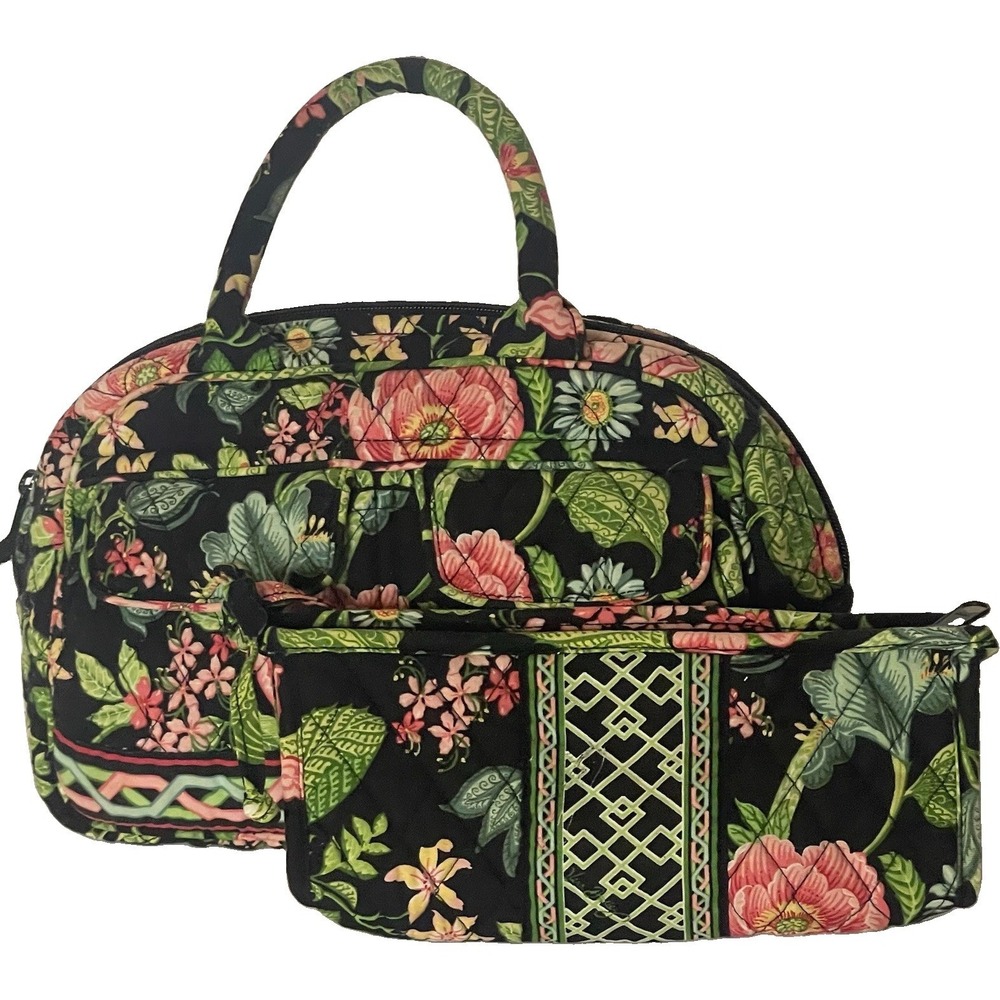 Vera Bradley Botanica Black Floral Handbag Purse + Matching‎ Cosmetic Pouch